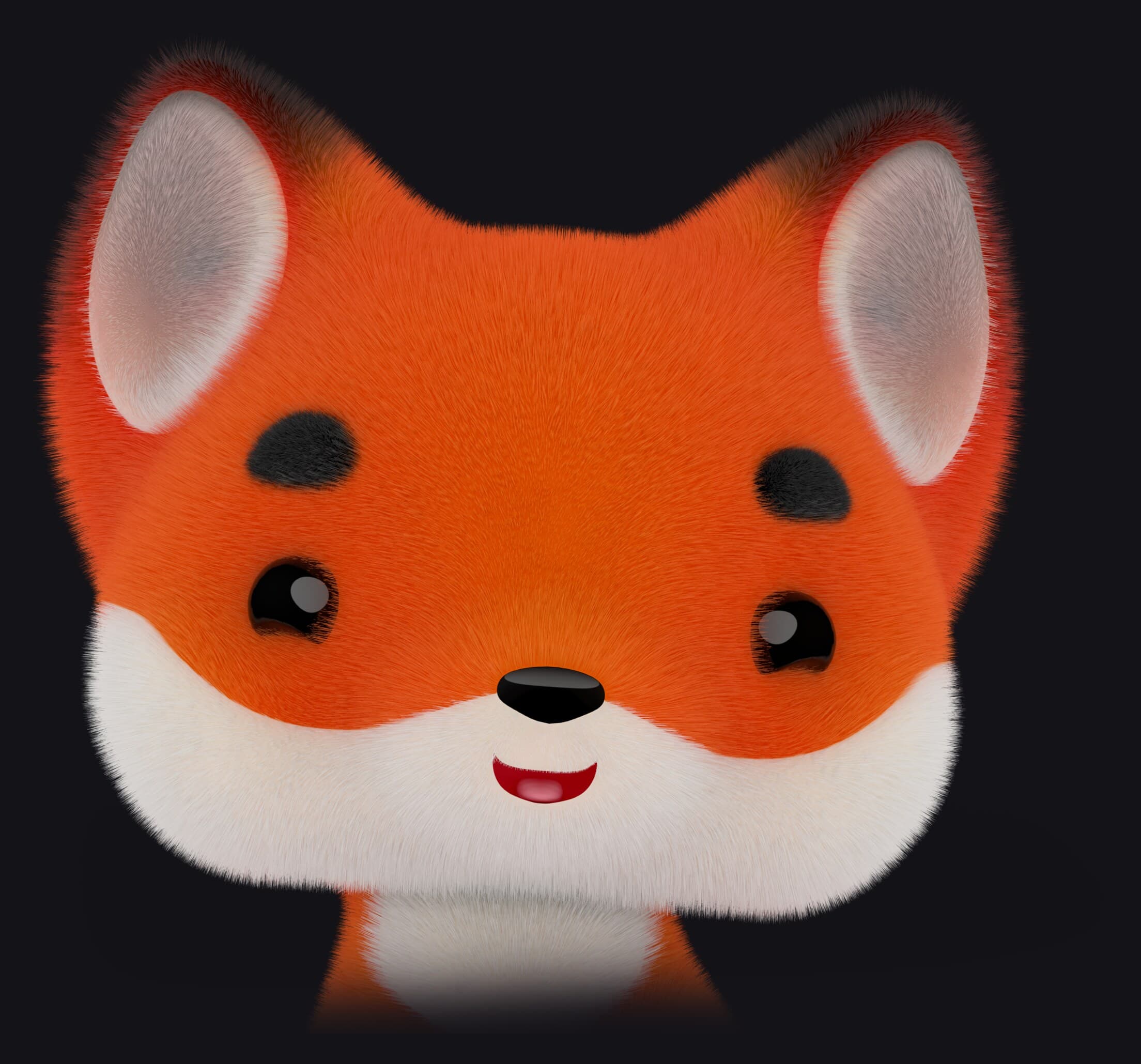 The Praesenti fox in close-up: a 3D render of a small orange fox with white cheeks, looking straight ahead