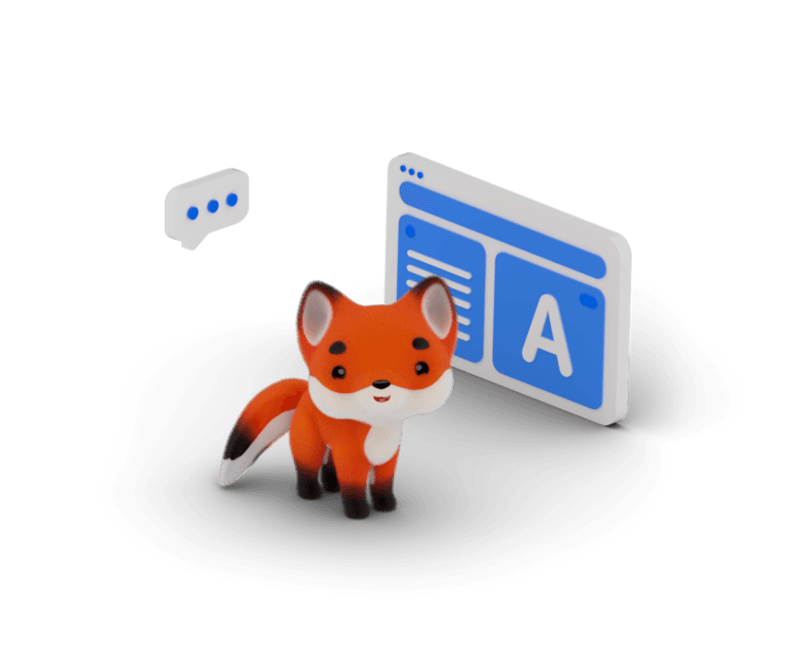 3D render: the fox in front of a floating interface card with a speech bubble beside it