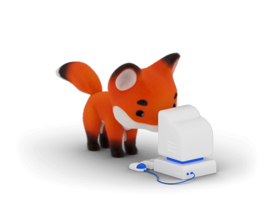 3D render of the fox nosing at a small white retro computer