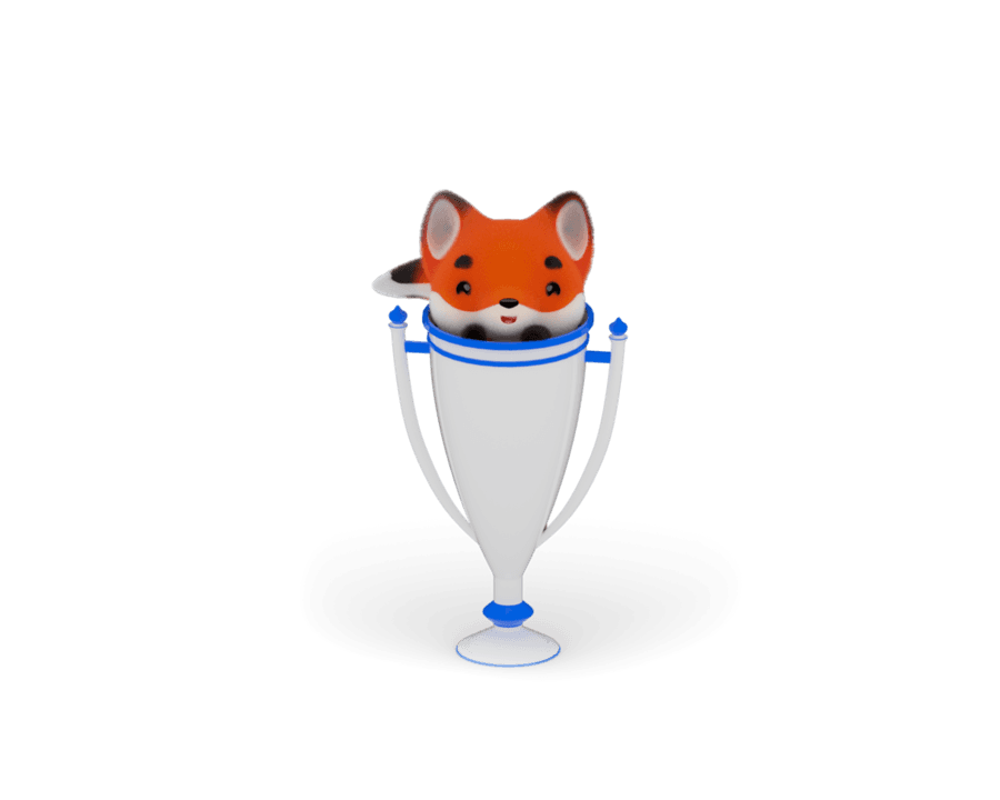 3D render of the fox sitting inside a white and blue trophy cup