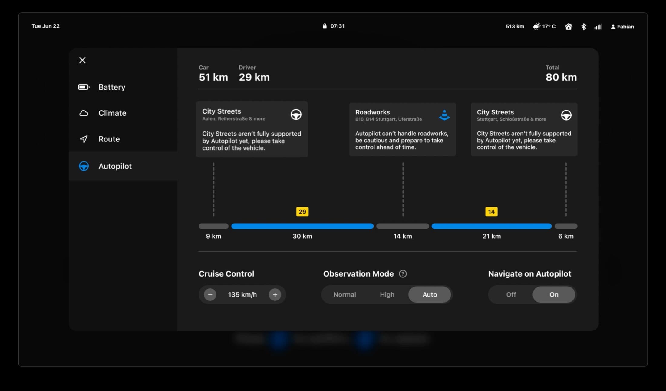 The availability card showing which stretches of the route the autopilot can drive and why it can't drive the others