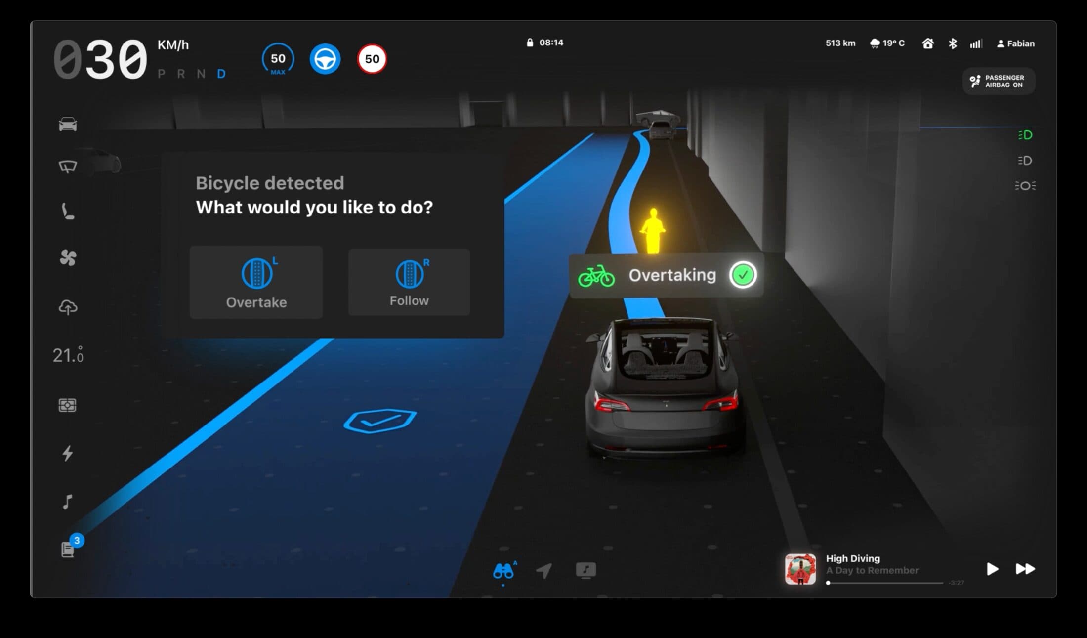 The screen reads Bicycle detected — What would you like to do? with two buttons, Overtake and Follow