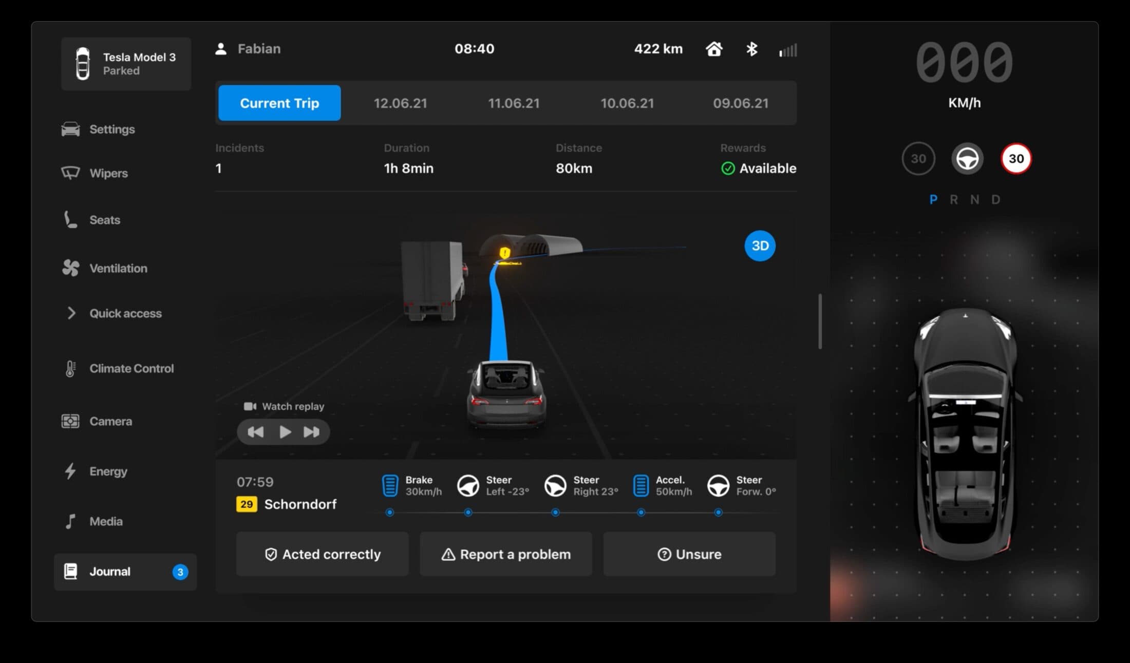 The Journal: current trip stats, a replay scrubber, and three buttons — Acted correctly, Report a problem, Unsure
