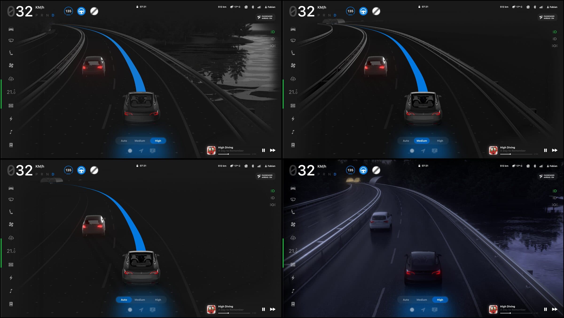 Four variants of the same road scene at increasing levels of detail, in daylight, rain and at night