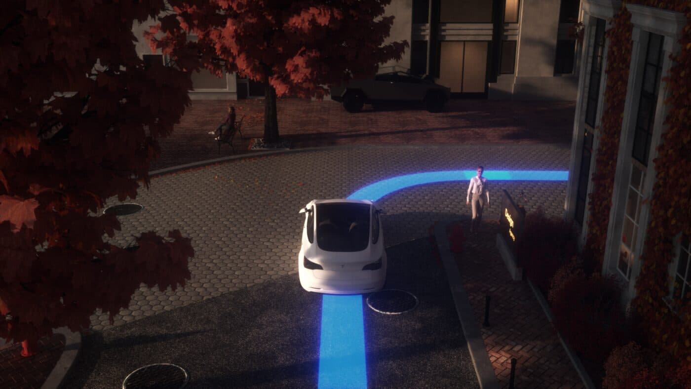 High top-down view of the car approaching a pedestrian on a residential street