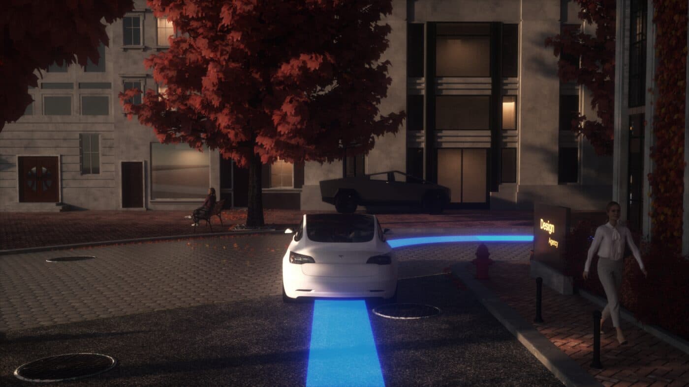 Third-person view from behind and above the car, the blue path leading around a corner